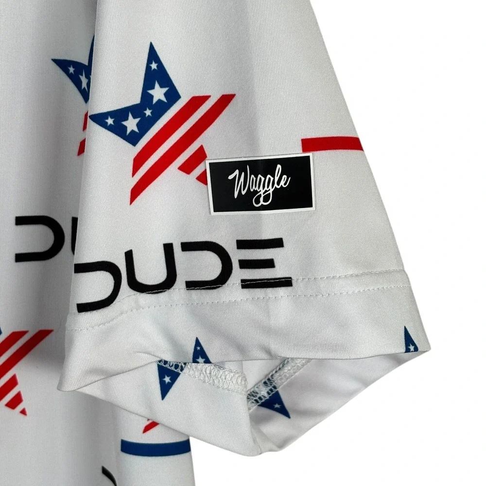 Waggle Performance Golf Polo‎ Shirt Dude Wipes USA Stars Mens L Stretch S/S read - Picture 4 of 10